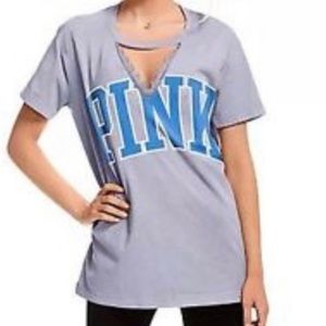Victoria’s Secret PINK Choker V-Neck Oversized Logo Tee Gray Blue Boyfriend Fit